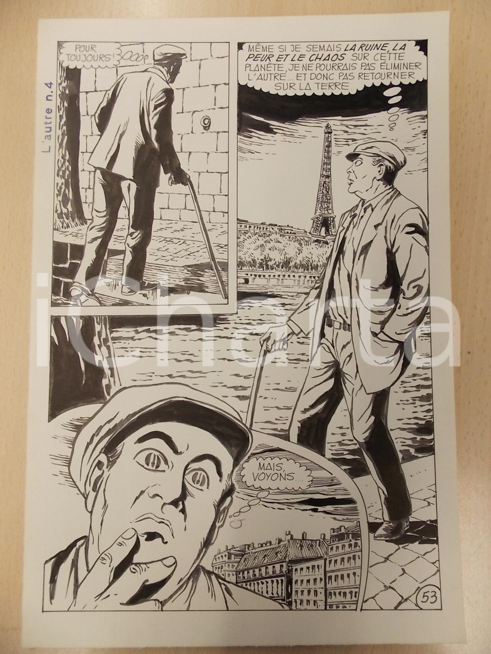 Opera d’arte autentica 1970 L AUTRE Ep. 4 Luciano BERNASCONI Alieno ammira TOUR EIFFEL Tavola originale 1