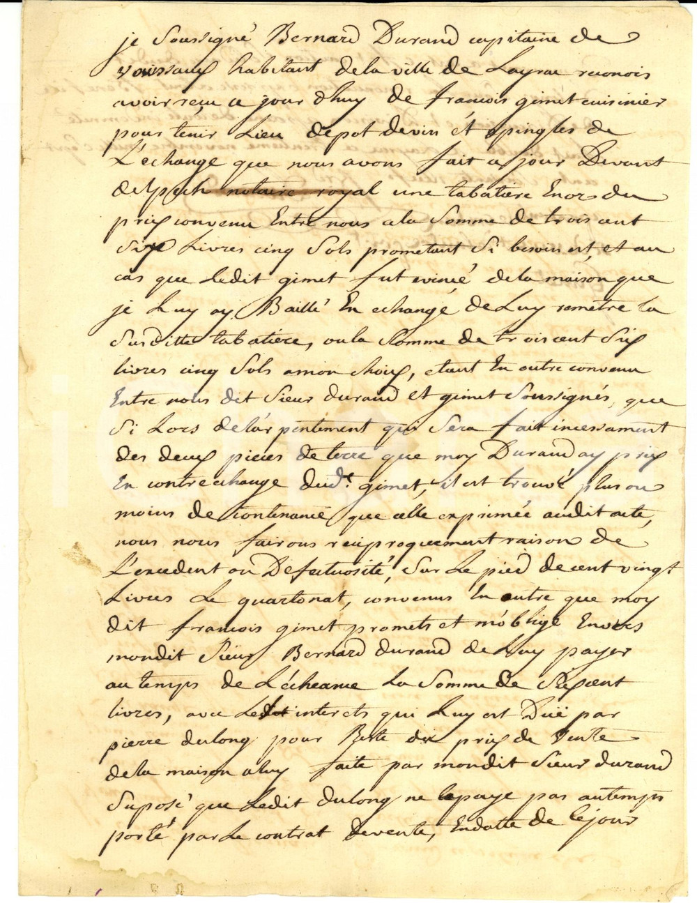 Documento originale, autentico 1769 LAYRAC AQUITAINE Depot de vin capitain Bernard DURAND Ã  FranÃ§ois GIMET 1