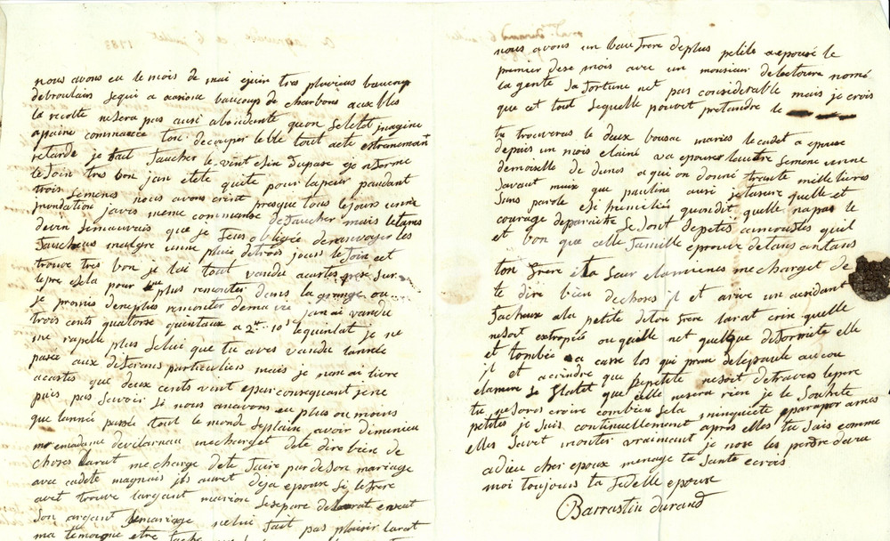 Documento originale, autentico 1783 AGEN F Marthe CAPPOT DE BARRASTIN sull incidente alla nipote Lettera 1