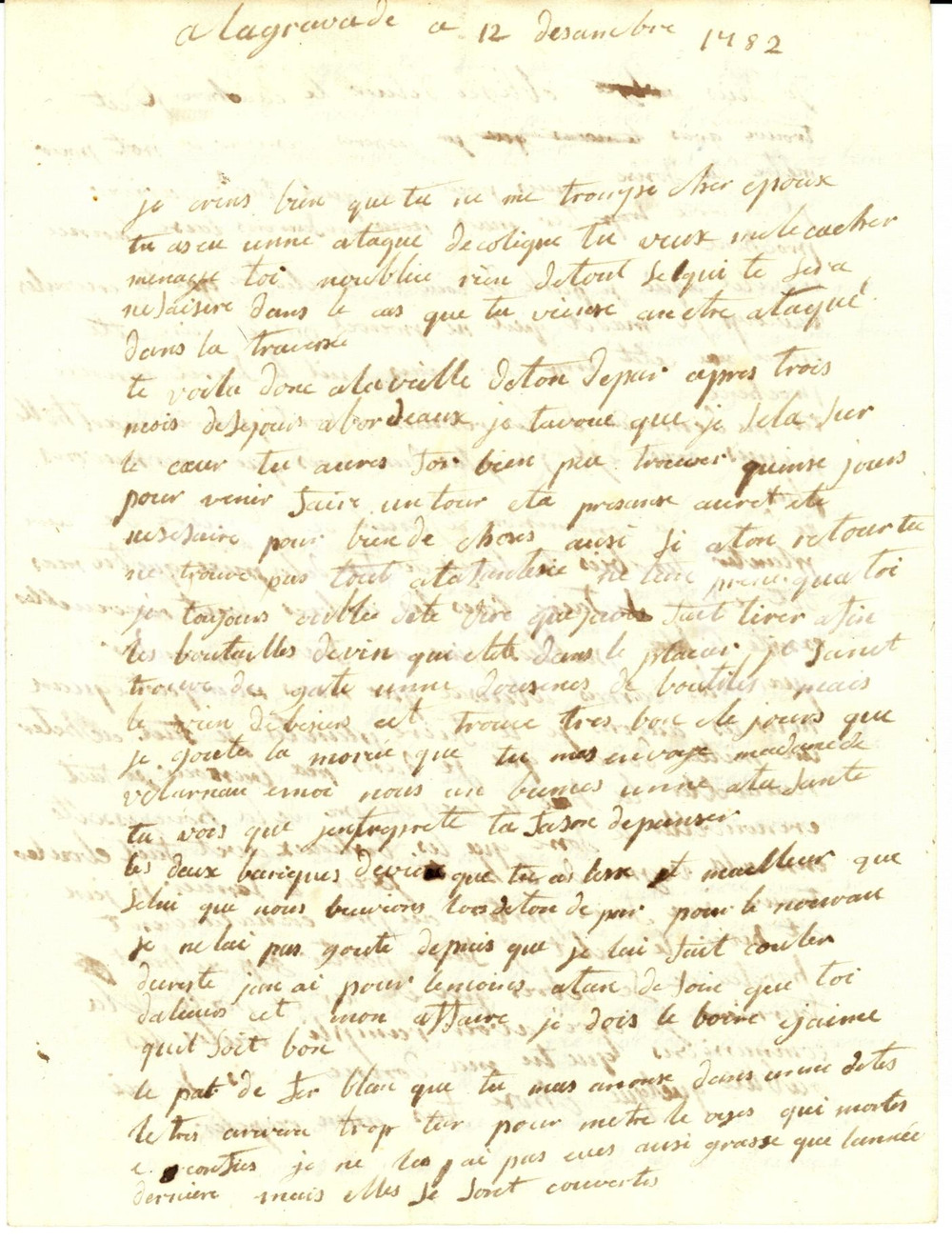 Documento originale, autentico 1782 AGEN F Marthe CAPPOT DE BARRASTIN chiede al marito di tornare a casa 1