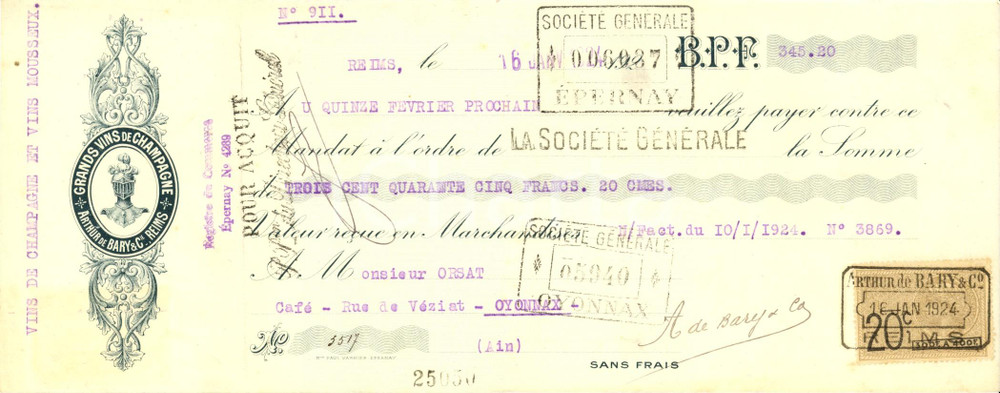 Oggetto da collezione cartaceo 1924 REIMS F Arthur De BARY Grands vins de Champagne Cambiale pubblicitaria 1