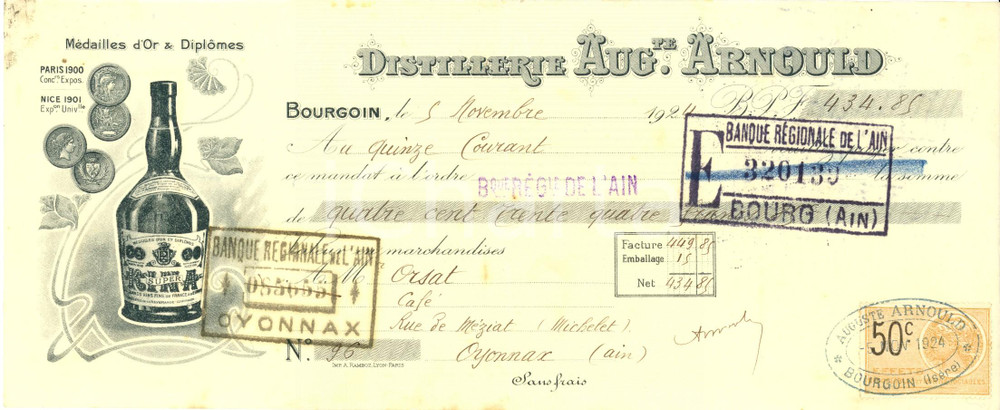 Oggetto da collezione cartaceo 1924 BOURGOIN F Distillerie AUGUSTE ARNOULD Kina super Cambiale pubblicitaria 1