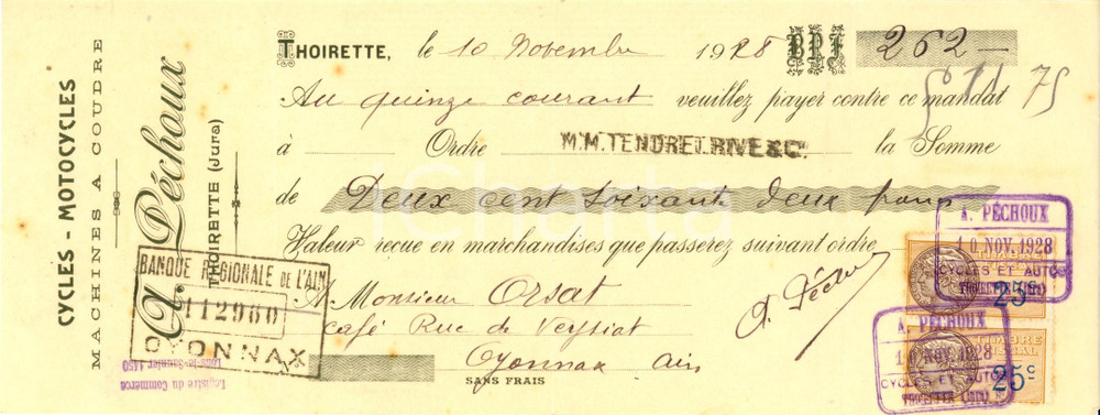 Oggetto da collezione cartaceo 1928 THOIRETTE F Cycles et motocycles A. PECHOUX Cambiale pubblicitaria 1