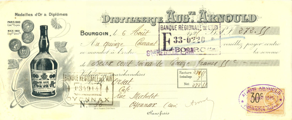 Oggetto da collezione cartaceo 1925 BOURGOIN F Distillerie AUGUSTE ARNOULD Kina super Cambiale pubblicitaria 1