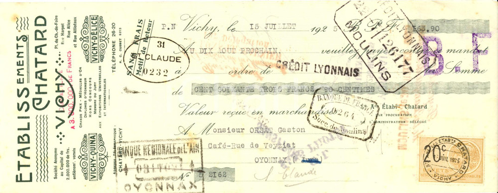 Oggetto da collezione cartaceo 1925 VICHY F Etablissements CHATARD sociÃ©tÃ© anonime Cambiale pubblicitaria 1