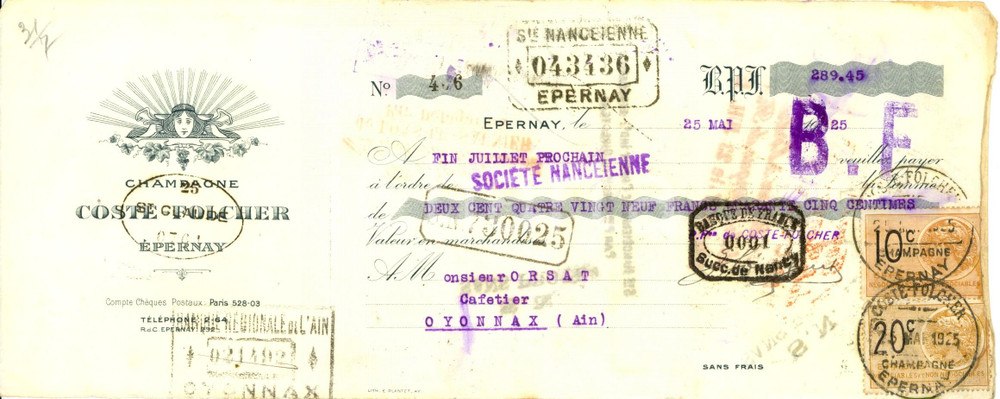 Oggetto da collezione cartaceo 1925 EPERNAY F Cave COSTE  FOLCHER vin Champagne Cambiale pubblicitaria 1