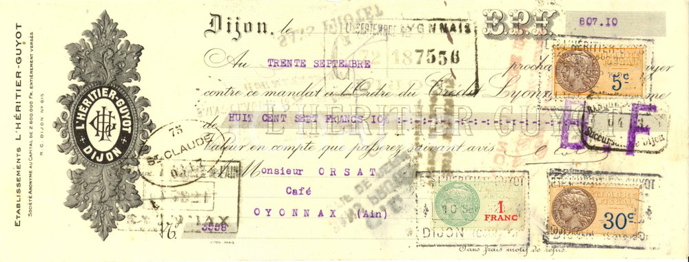 Oggetto da collezione cartaceo 1929 DIJON Etablissement L HERITIERGUYOT sirops de fruit Cambiale pubblicitaria 1