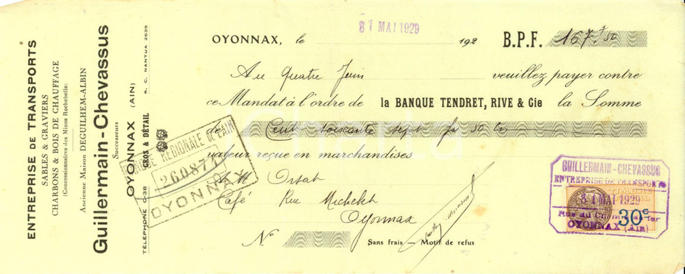 Oggetto da collezione cartaceo 1929 OYONNAX F impresa trasporti GUILLERMAINCHEVASSUS Cambiale pubblicitaria 1
