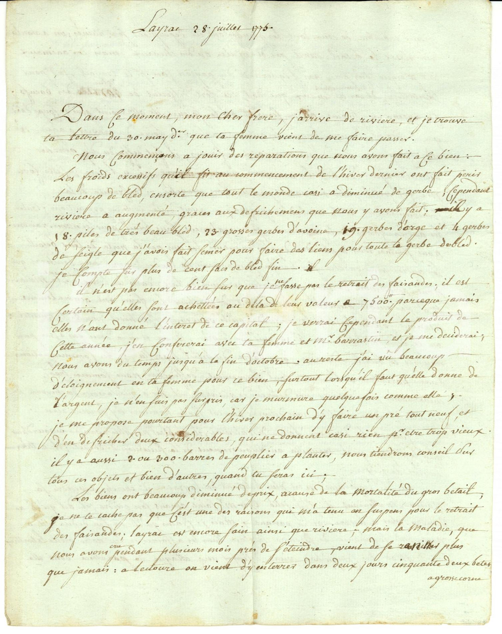 Documento originale, autentico 1775 LAYRAC F Grave epidemia di afta epizootica in Aquitania Lettera 1