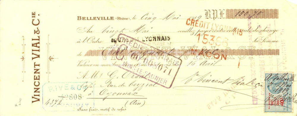 Oggetto da collezione cartaceo 1919 BELLEVILLE SociÃ©tÃ© Vincent VIAL & Compagnie Cambiale pubblicitaria 1