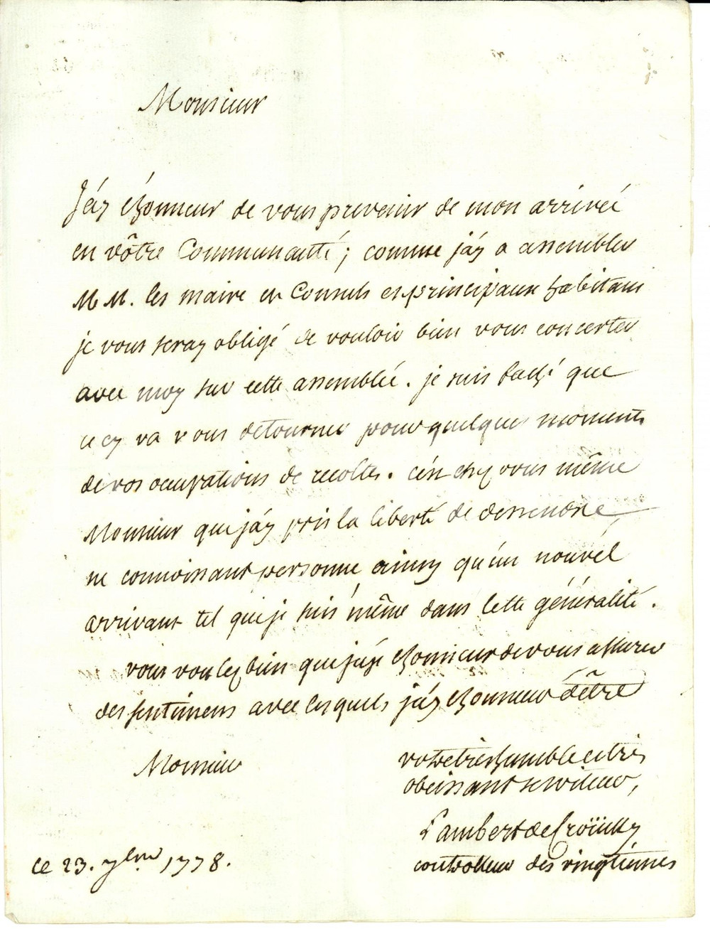 Documento originale, autentico 1778 LAYRAC F Lambert de CROUILLY se prÃ©sente au Maire de la ville Lettre 1