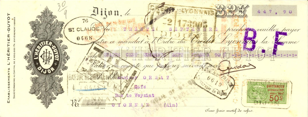 Oggetto da collezione cartaceo 1925 DIJON Etablissement L HERITIERGUYOT sirops de fruit Cambiale pubblicitaria 1