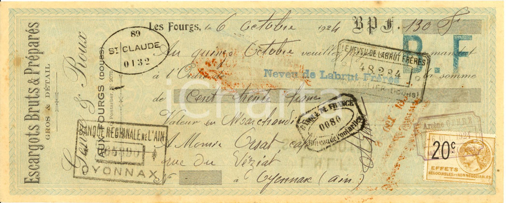1924 LES FOURGS (F) Escargots gros & détail GENRE & ROUX *Cambiale pubblicitaria