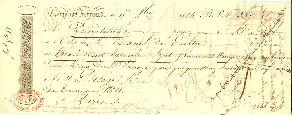 Oggetto da collezione cartaceo 1824 CLERMONTFERRAND F SociÃ©tÃ© Jacques CHAROLOIS Cambiale pubblicitaria 1
