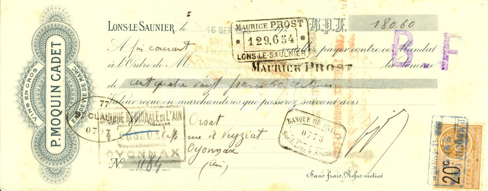 Oggetto da collezione cartaceo 1925 LONSLESAUNIER F P. MOQUIN CADET vins en gros Cambiale pubblicitaria 1