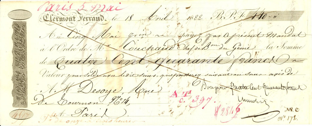 Oggetto da collezione cartaceo 1822 CLERMONTFERRAND F SociÃ©tÃ© Jacques CHAROLOIS Cambiale pubblicitaria 1