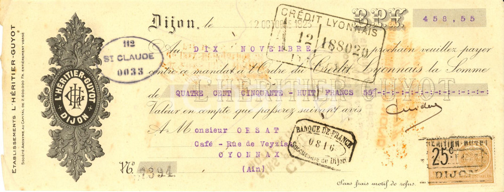 Oggetto da collezione cartaceo 1923 DIJON Etablissement L HERITIERGUYOT sirops de fruit Cambiale pubblicitaria 1