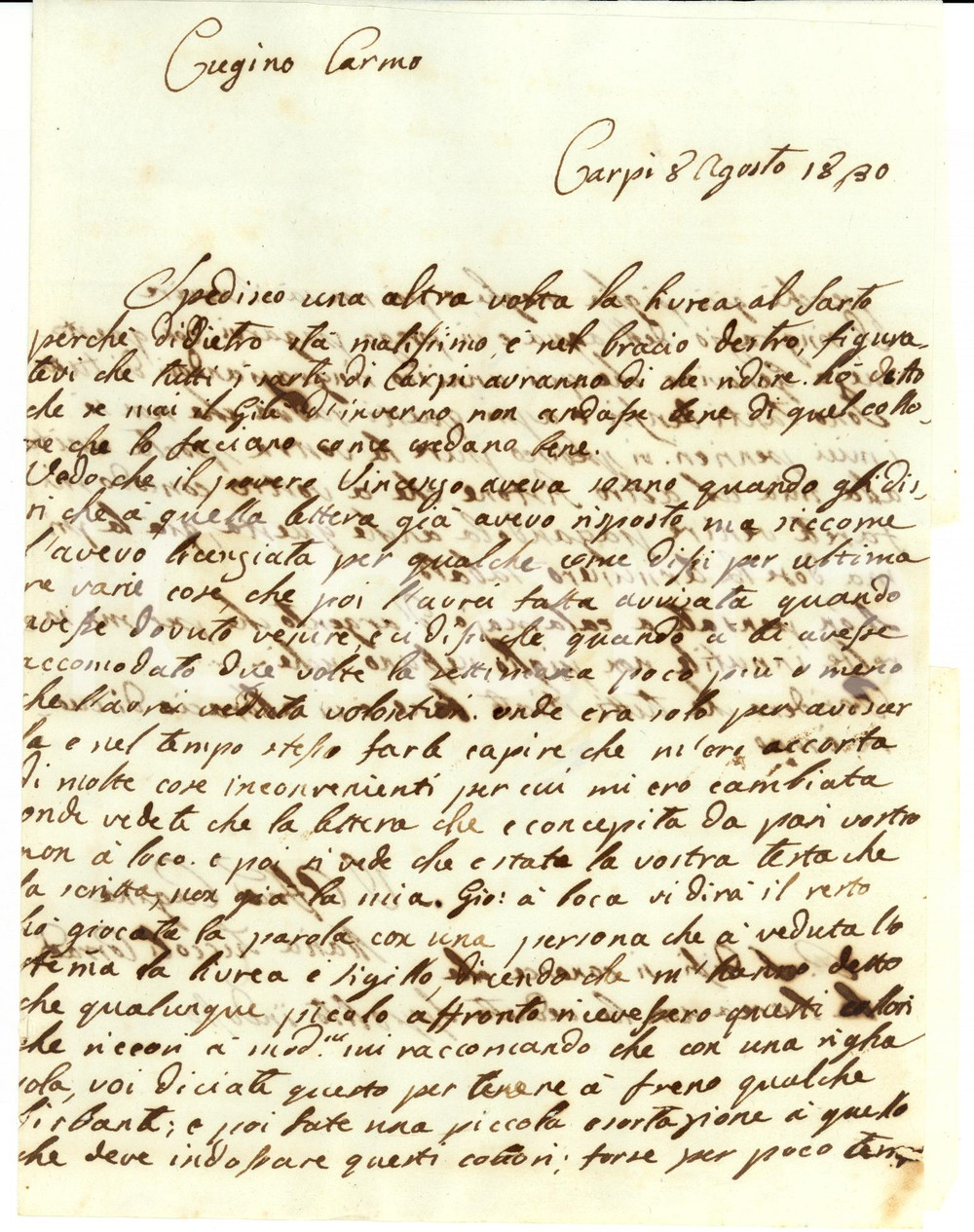 Documento originale, autentico 1830 CARPI MO Pessima livrea per Maria Laura ZUCCOLI CORRADI 1