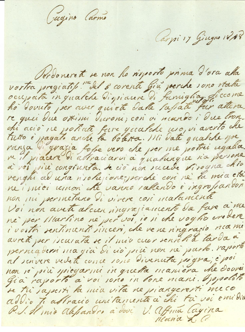 Documento originale, autentico 1838 CARPI MO Maria Laura ZUCCOLI CORRADI se tu sapessi la mia vita Autografo 1
