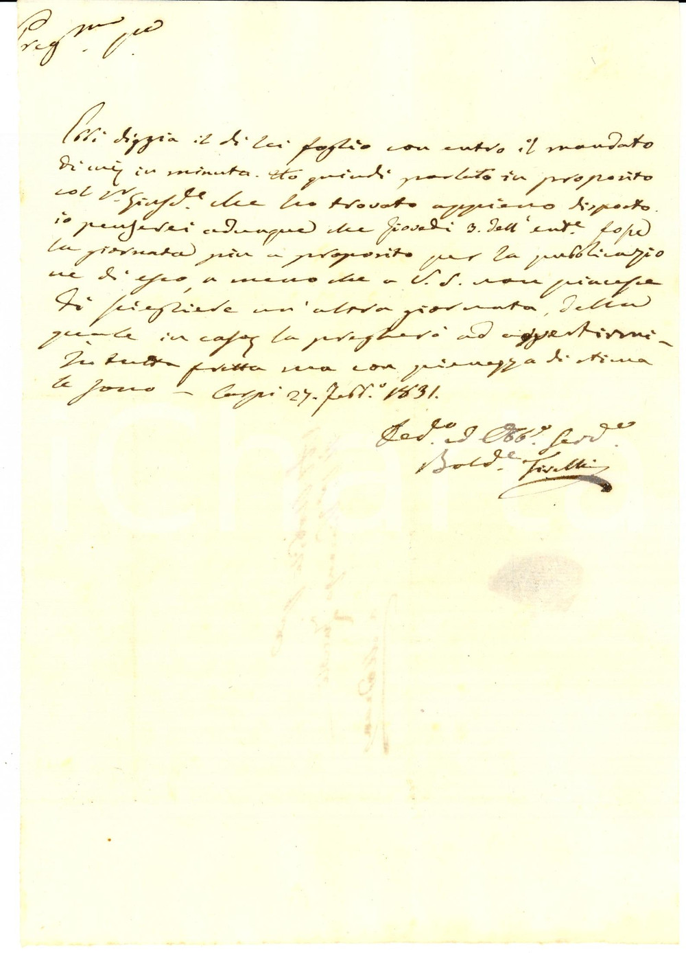 Documento originale, autentico 1831 CARPI MO Lettera patriota mazziniano Baldassarre TIRELLI AUTOGRAFO 1