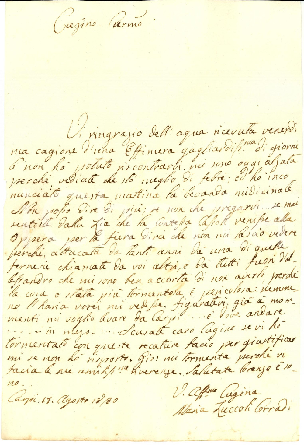 Documento originale, autentico 1830 CARPI MO Maria Laura ZUCCOLI CORRADI nemmeno l haria vorei mi vedesse 1