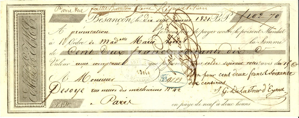 Oggetto da collezione cartaceo 1831 BESANCON FRANCE Maison de banque Marie AMET Cambiale pubblicitaria 1