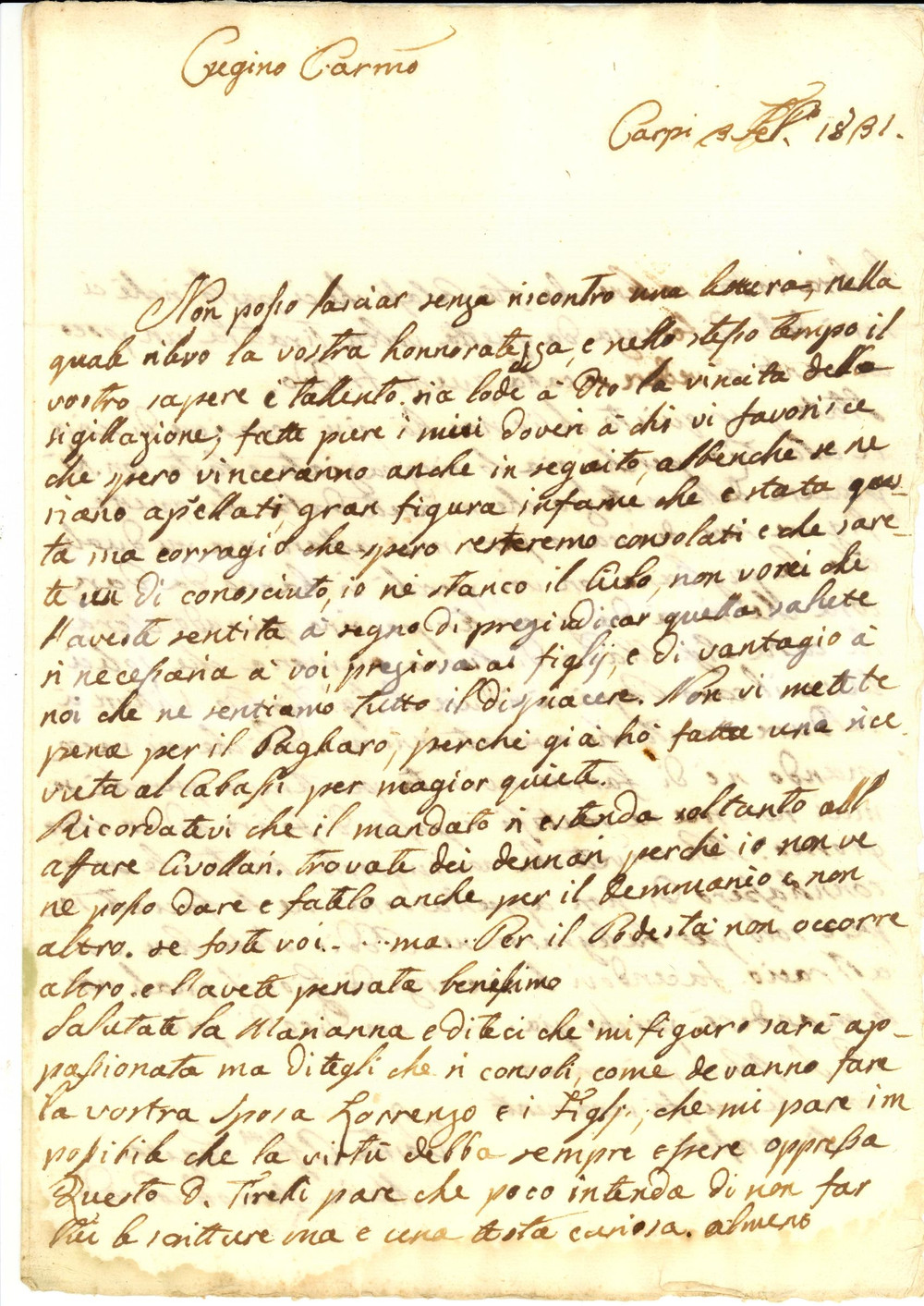 Documento originale, autentico 1831 CARPI MO Maria Laura ZUCCOLI CORRADI chiede denari al cugino Vincenzo 1