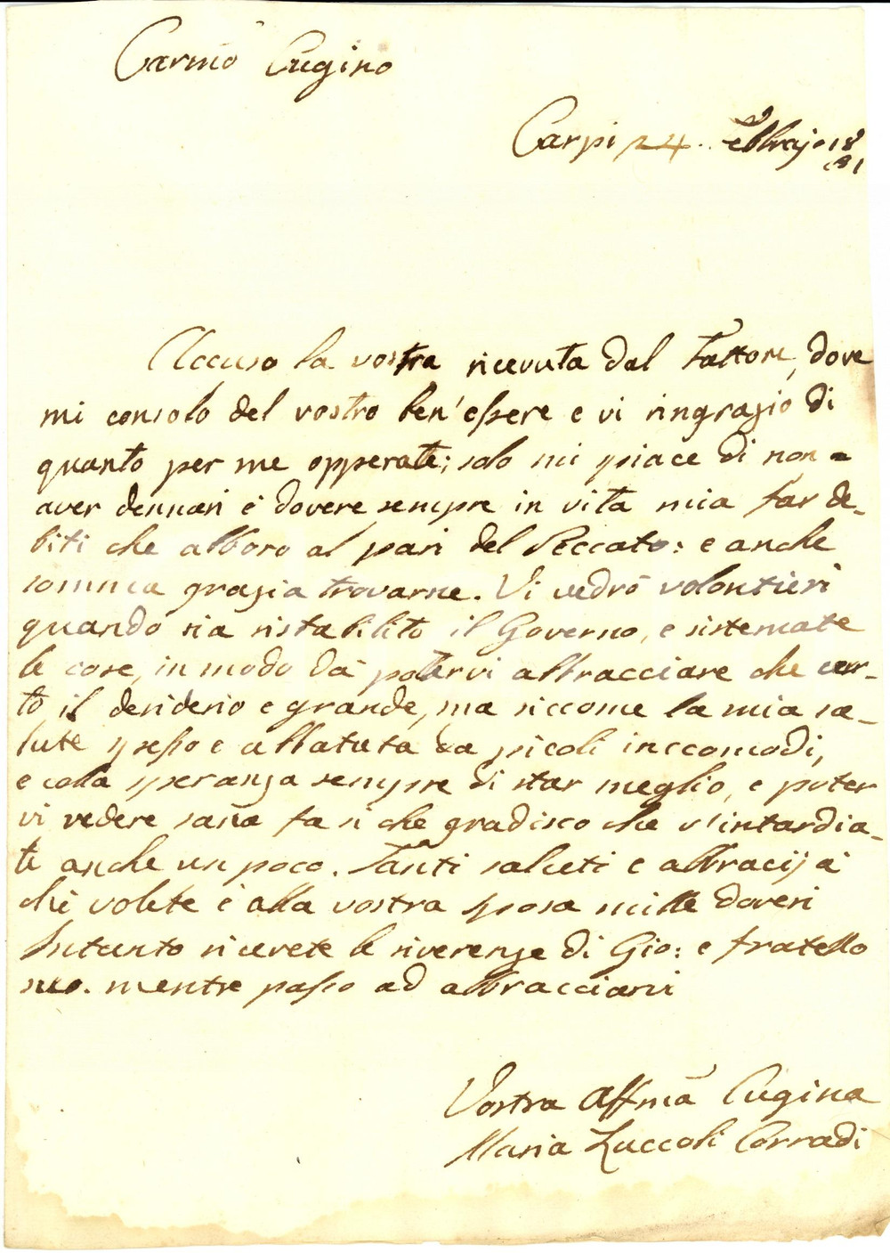Documento originale, autentico 1831 RISORGIMENTO CARPI MO Maria ZUCCOLI CORRADI attende che nuovo Governo 1
