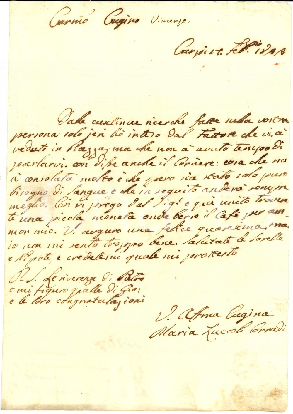 Documento originale, autentico 1833 CARPI MO Maria Laura ZUCCOLI CORRADI una piccola moneta per il caffÃ¨ 1