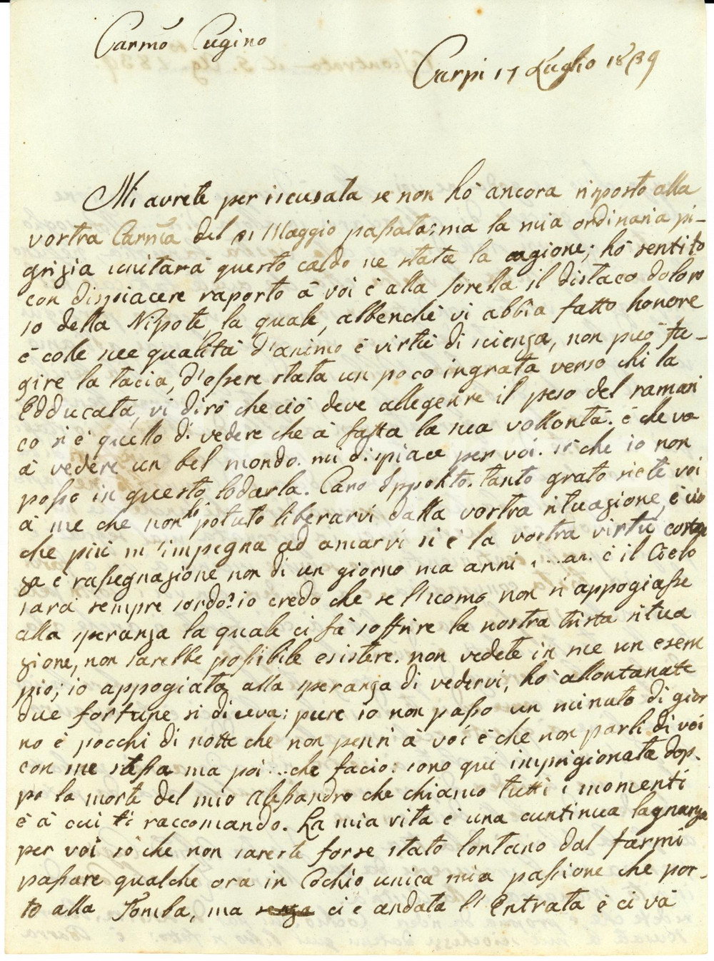 Documento originale, autentico 1839 CARPI MO Ippolito ZUCCOLI ha un natale nobile ma disgraziato Lettera 1