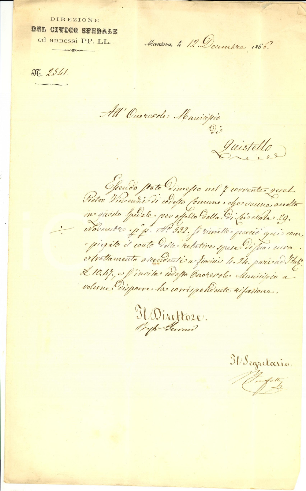 Documento originale, autentico 1866 QUISTELLO MN Cura e trattamento del malato Pietro VINCENZI Lettera 1