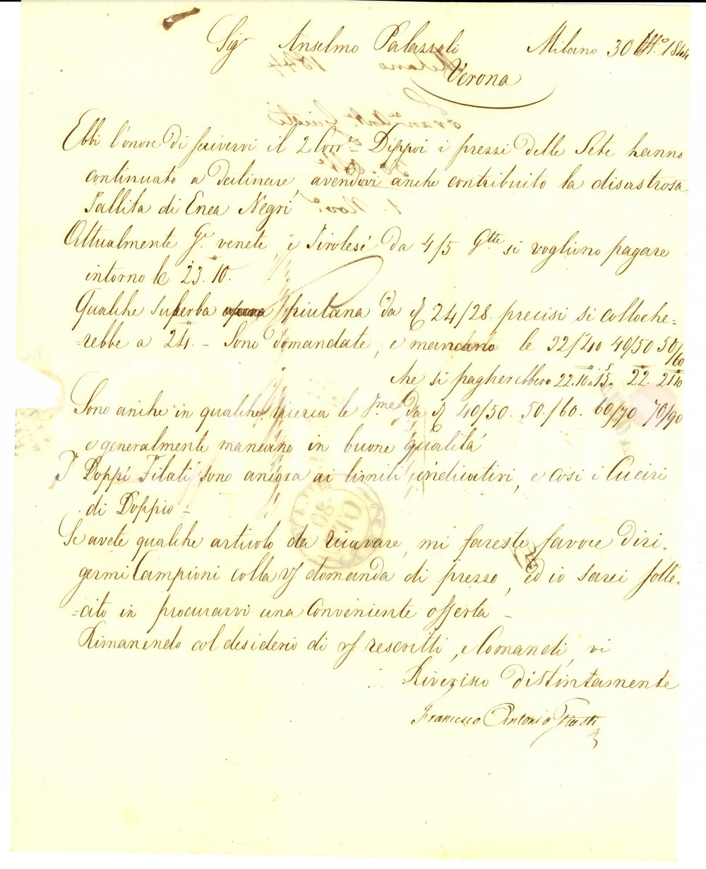 Manoscritto, lettera originale 1844 MILANO Fallimento di Enea NEGRI e crollo dei prezzi della seta Lettera 1