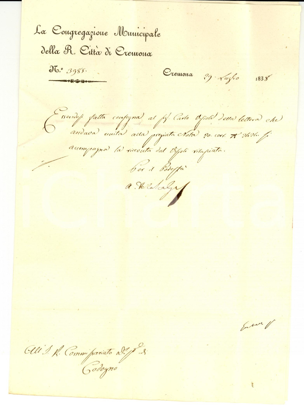 Manoscritto, lettera originale 1838 CREMONA Consegna lettera all architetto Carlo VISIOLI Prefilatelica 1