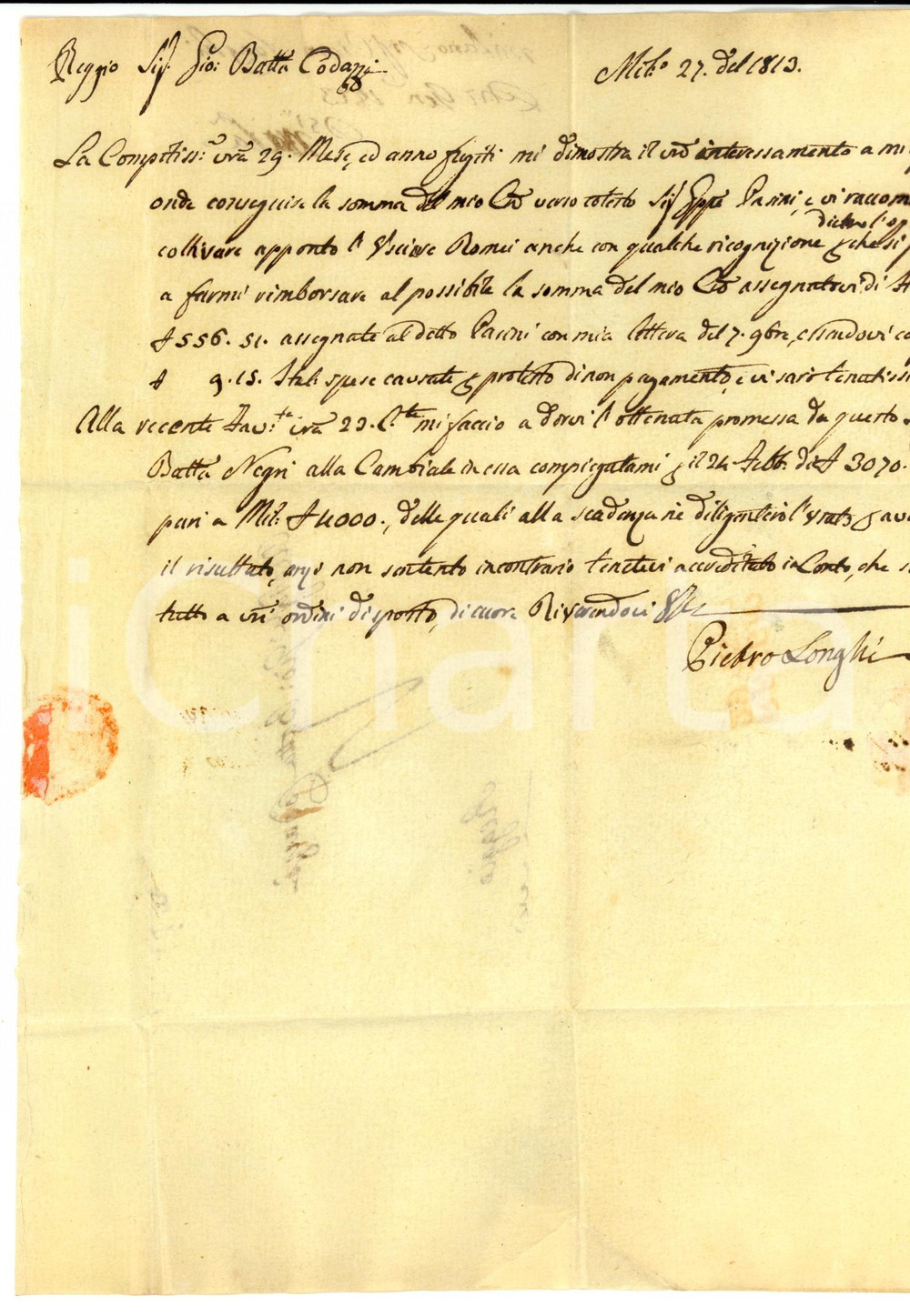 Manoscritto, lettera originale 1813 MILANO Pietro LONGHI coltiva l usciere ROMEI per credito Giuseppe PASINI 1