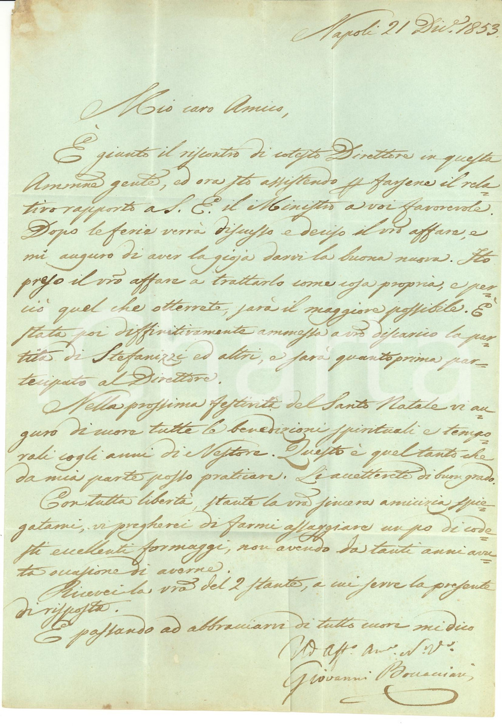 Manoscritto, lettera originale 1853 NAPOLI Giovanni BOCCACCIARI promette aiuto a Gian Leonardo PISPICO 1