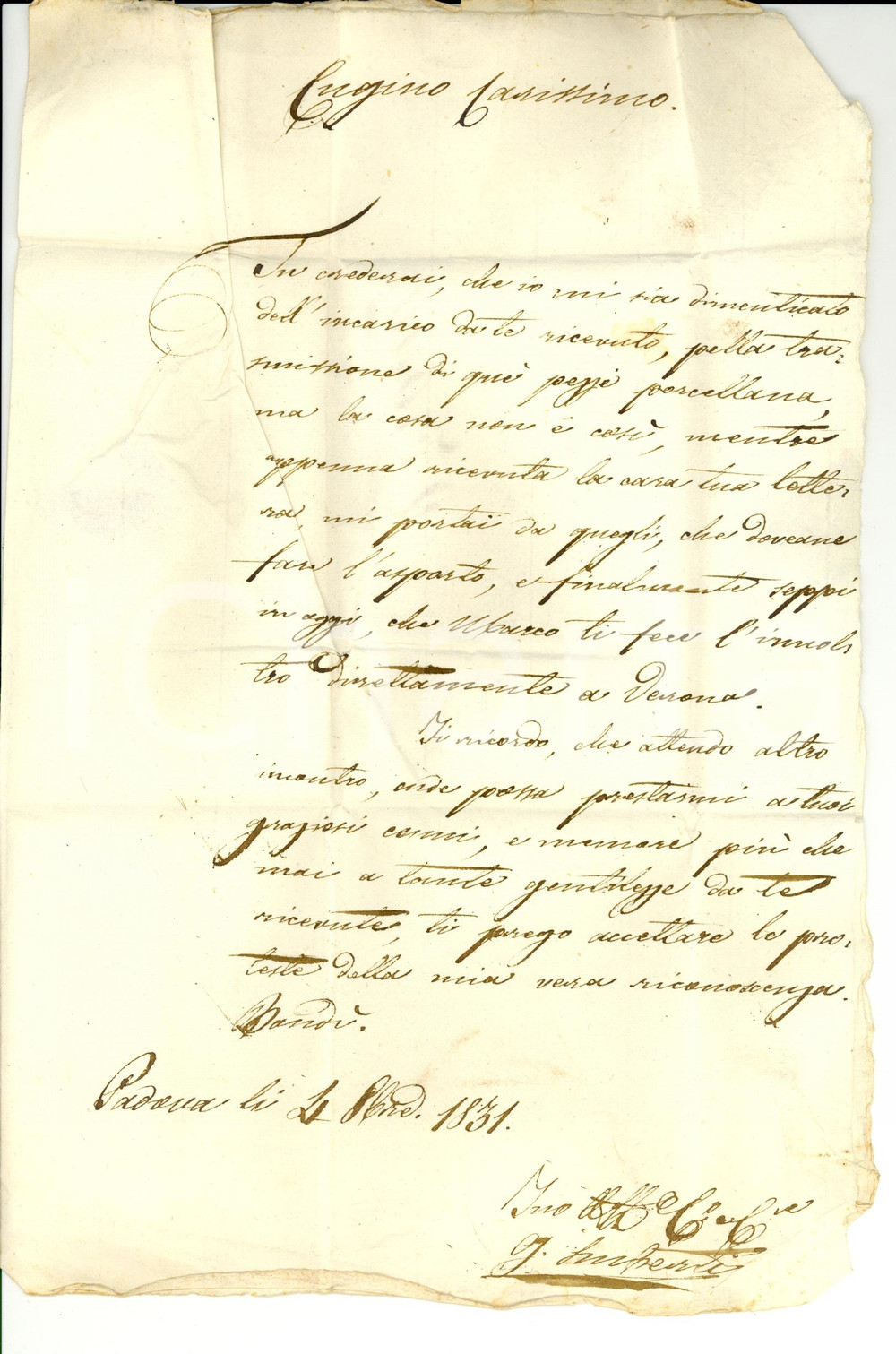 Manoscritto, lettera originale 1831 PADOVA Invio porcellane all ingegnere Giovanni MILANI Prefilatelica 1