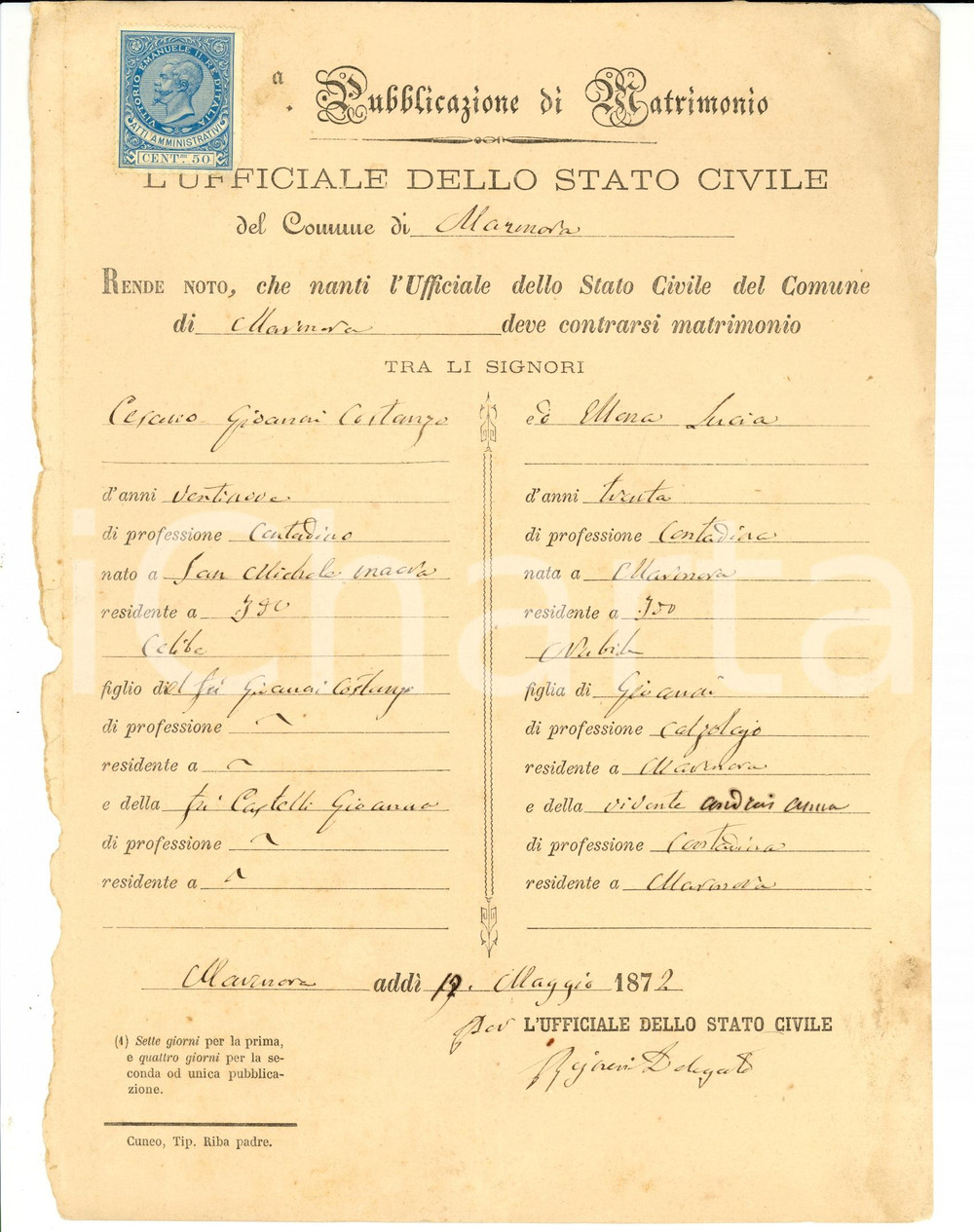 Documento originale, autentico 1872 MARMORA CN Nozze Giovanni Costanzo CESAREO e Lucia MORRA 1
