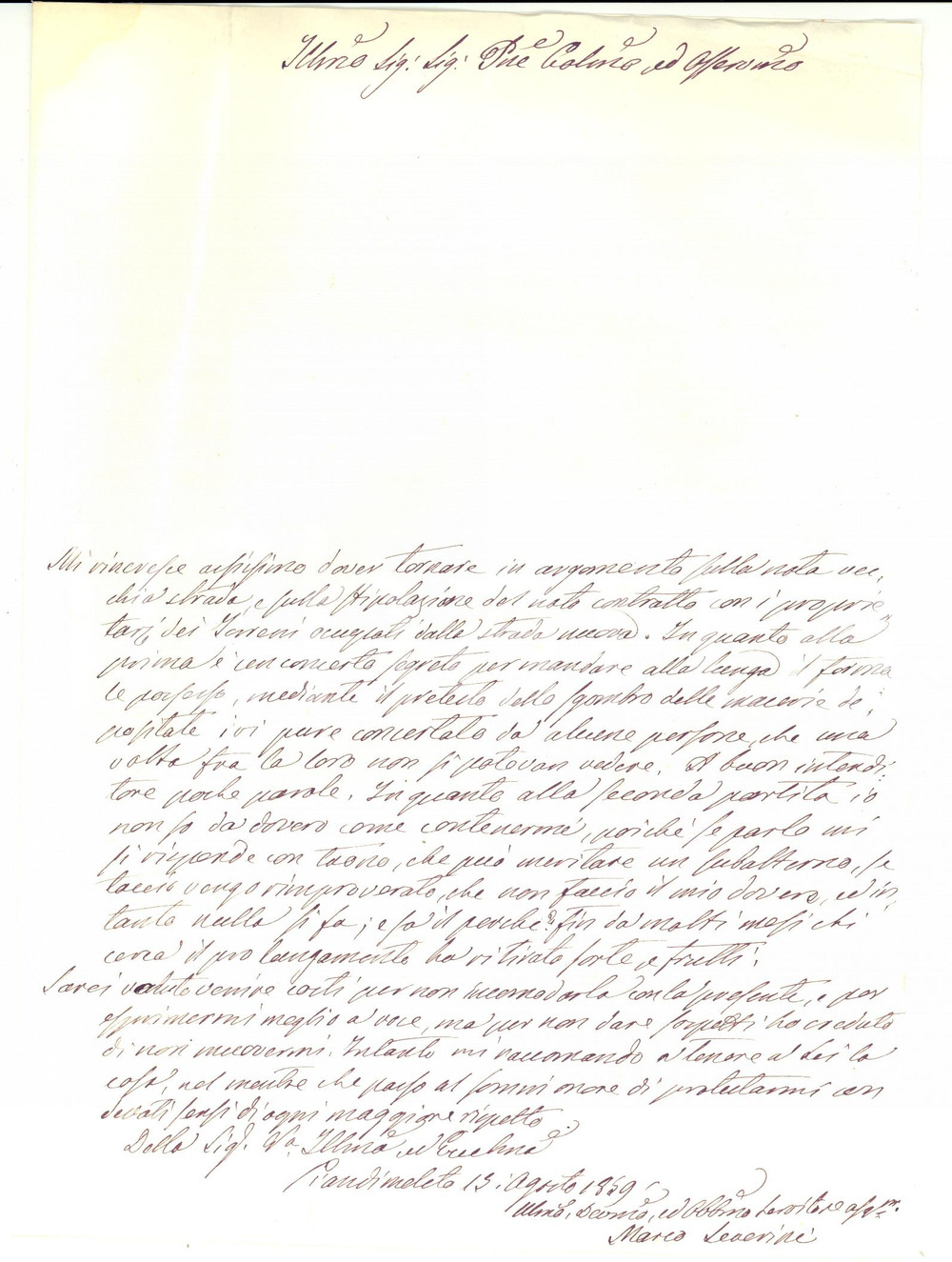 Manoscritto, lettera originale 1859 PIANDIMELETO PU Marco SEVERINI su lavori stradali mandati alla lunga 1