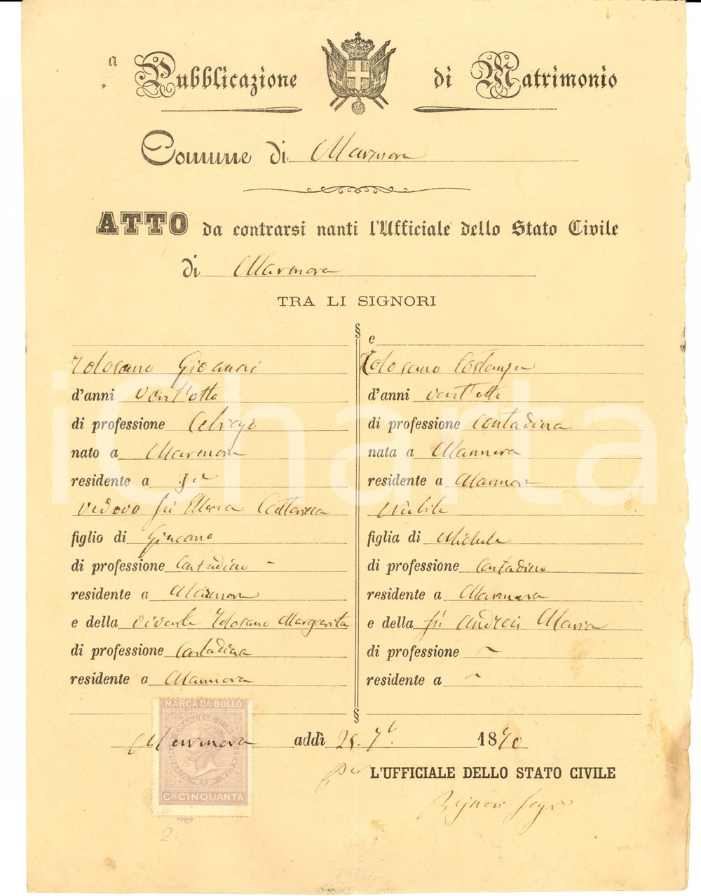 Documento originale, autentico 1870 MARMORA CN Nozze tra Costanza e Giovanni TOLOSANO 1