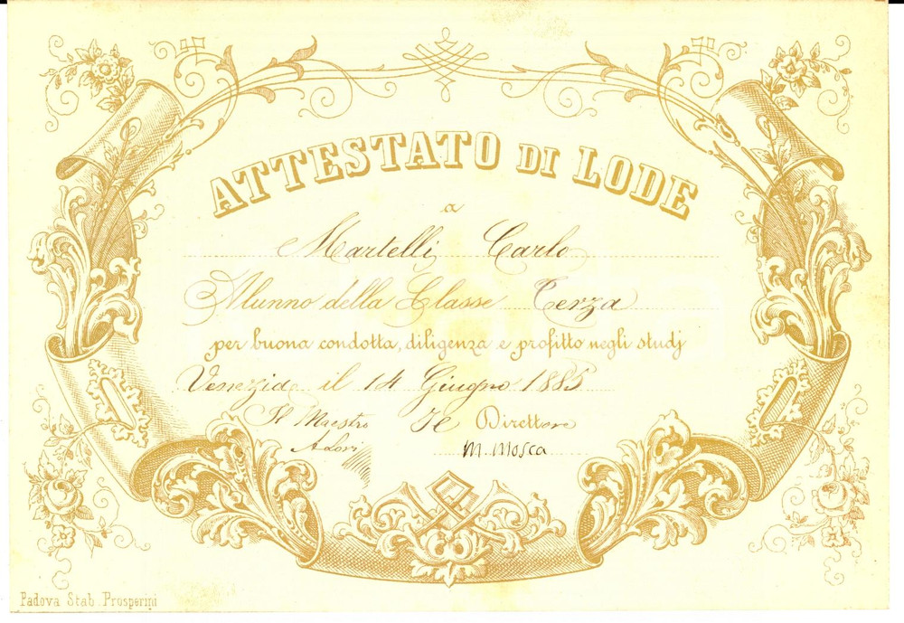 Oggetto da collezione cartaceo 1885 VENEZIA Convitto FOSCARINI Attestato di lode alunno Carlo MARTELLI 1