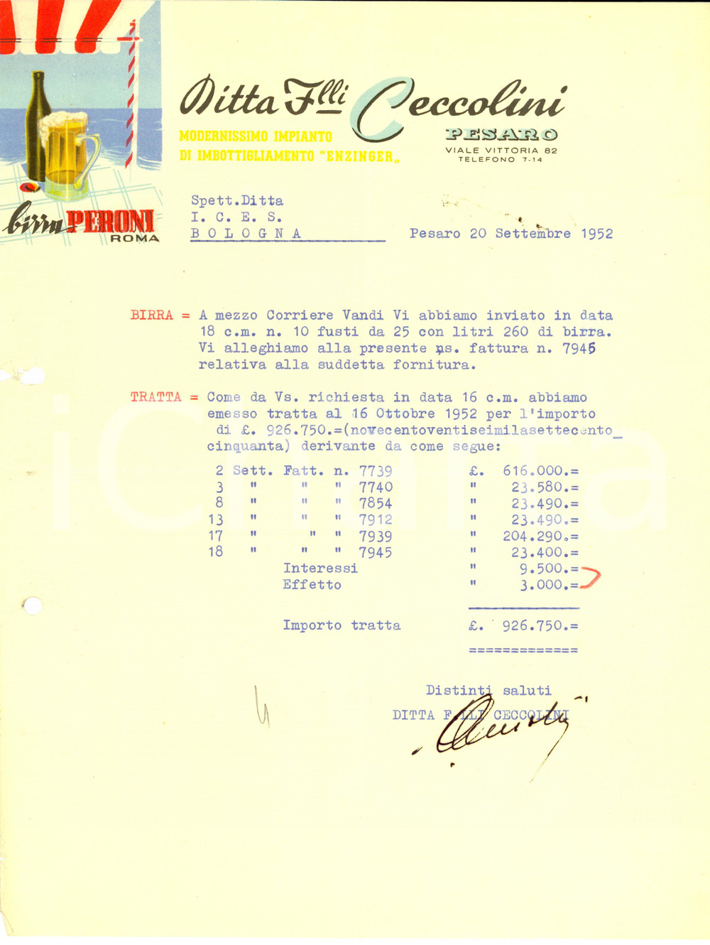 Documento originale, autentico 1952 PESARO Ditta Fratelli CECCOLINI Impianto ENZINGER BIRRA PERONI 1
