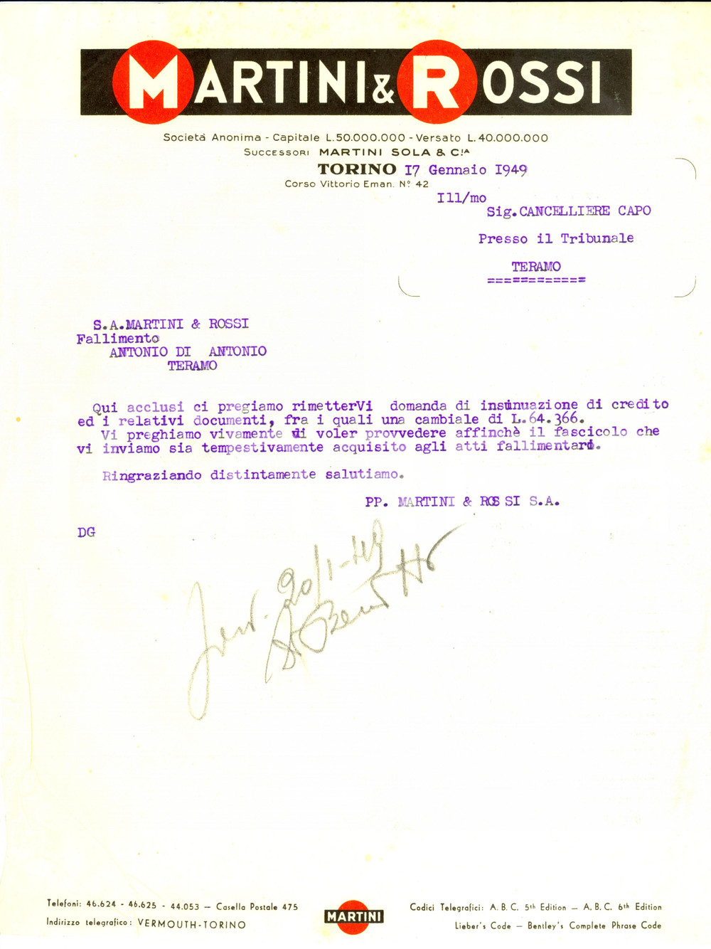 Manoscritto, lettera originale 1949 TORINO SocietÃ  MARTINI & ROSSI successori MARTINI SOLA & CIA Lettera 1