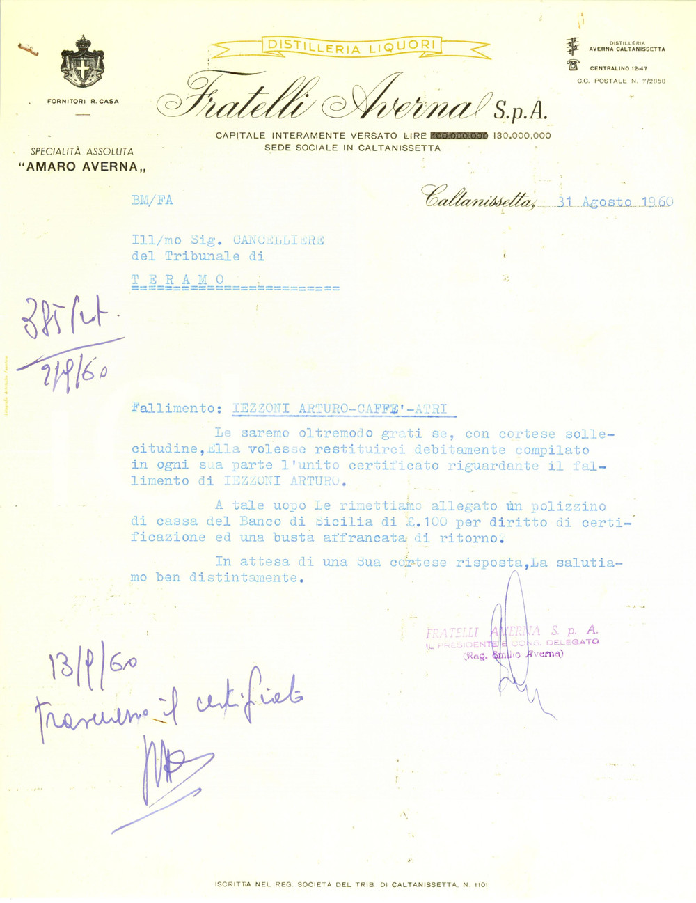 Manoscritto, lettera originale 1960 CALTANISSETTA Liquori Fratelli AVERNA Autografo Emilio AVERNA 1