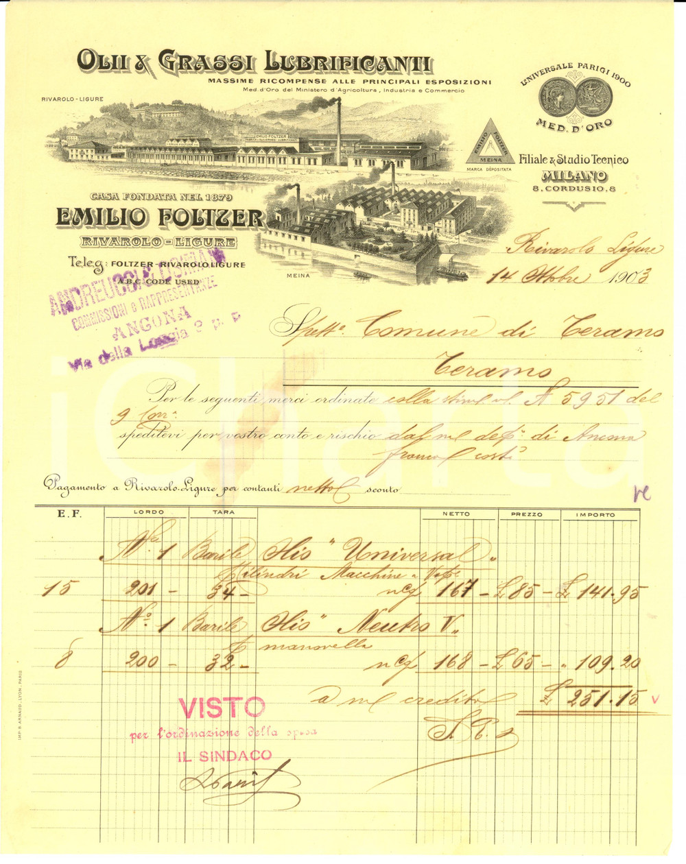 Documento originale, autentico 1903 RIVAROLO LIGURE GE Olii lubrificanti Emilio FOLTZER Fattura intestata 1