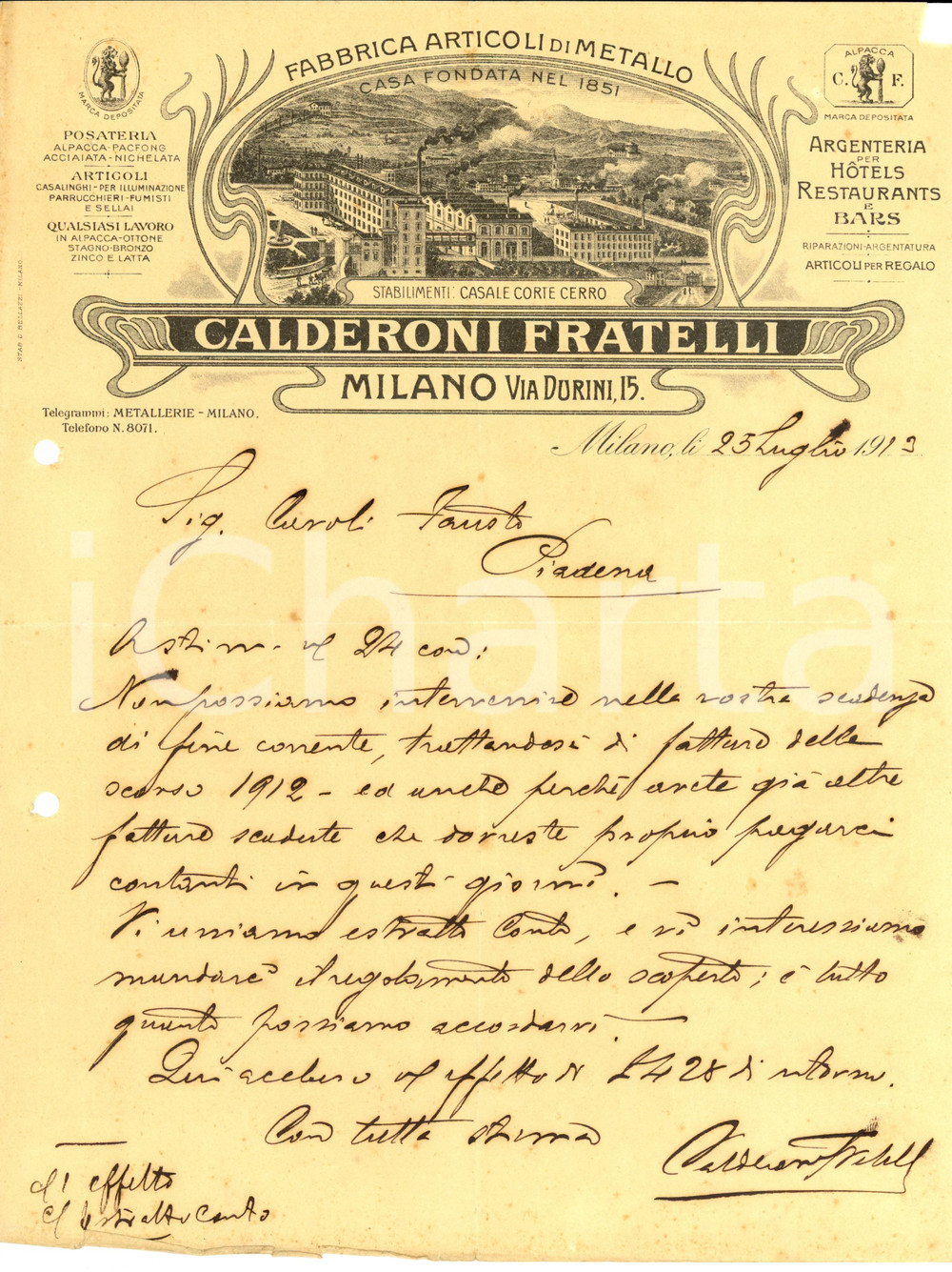 Manoscritto, lettera originale 1913 MILANO Fabbrica Articoli di Metallo CALDERONI FRATELLI Autografo CALDERONI 1