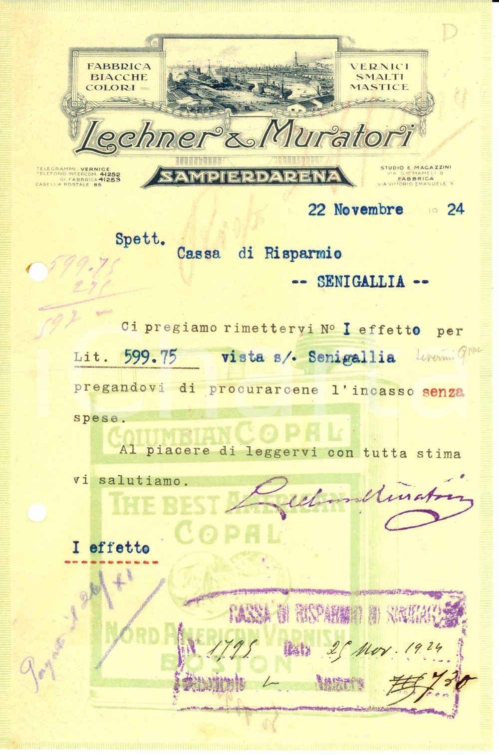Documento originale, autentico 1924 GENOVA SAMPIERDARENA Lettera LECHNER & MURATORI fabbrica biacche Fattura 1