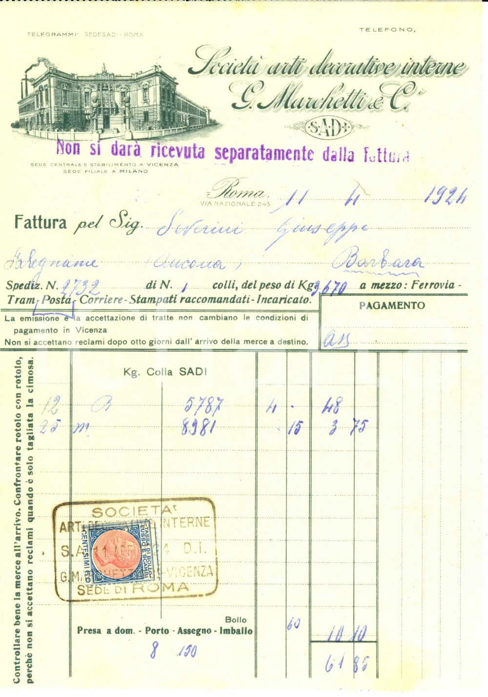 Documento originale, autentico 1924 ROMA SocietÃ  Arti Decorative Interne G. MARCHETTI & C. Fattura intestata 1