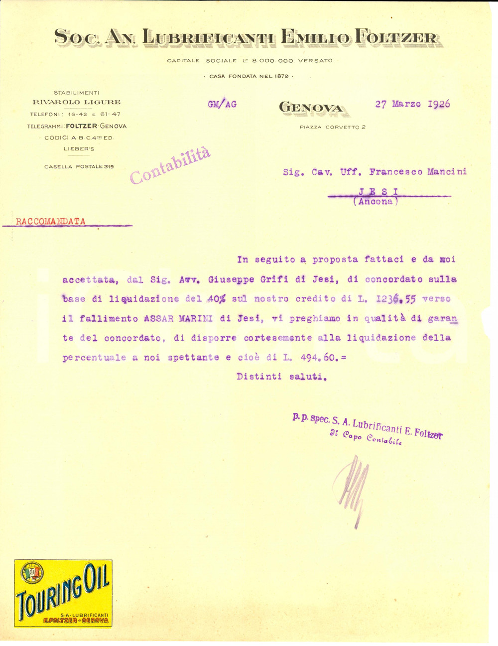 Manoscritto, lettera originale 1926 GENOVA SocietÃ  Anonima Lubrificanti EMILIO FOLTZER Lettera intestata 1