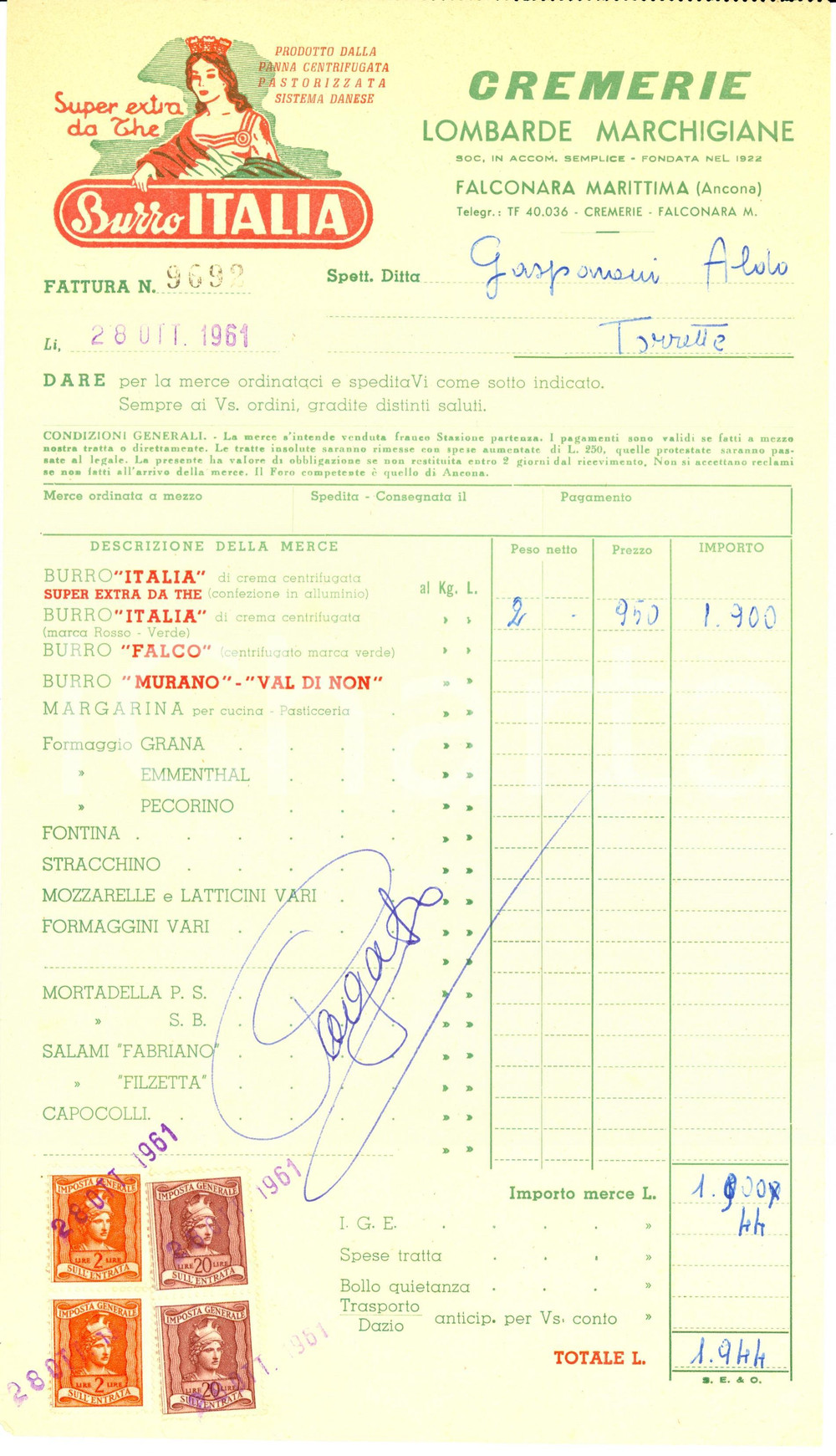 Documento originale, autentico 1961 FALCONARA MARITTIMA AN Cremerie Lombarde e Marchigiane BURRO ITALIA 1