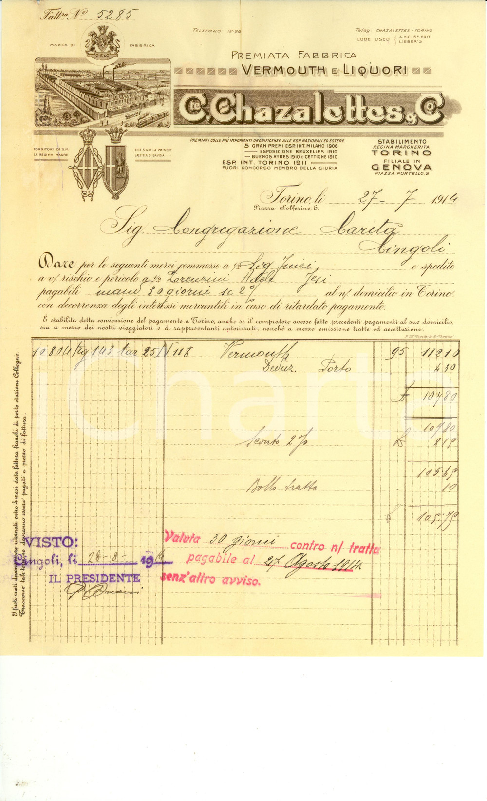 Documento originale, autentico 1914 TORINO Fabbrica C.te CHAZALETTES & CO vermouth e liquori Fattura intestata 1
